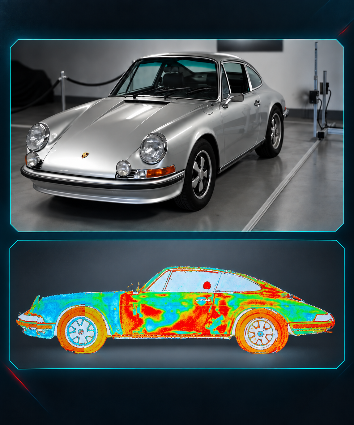 Porsche im sichtbaren Licht und in der thermografischen Auswertung